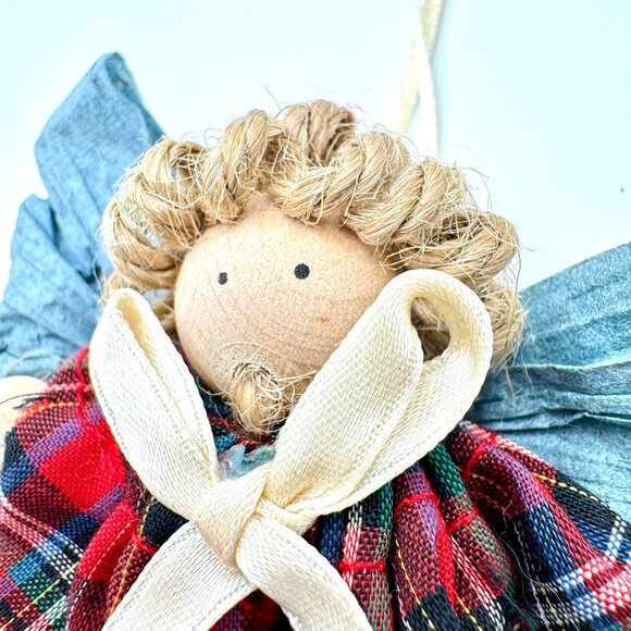 Handmade Plaid Spool Angel Ornament With Blue Wings Beige Bow For Holiday Decor - Picture 2 of 5
